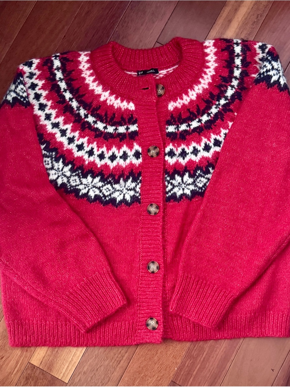 Red Fair Isle Button-Front Women’s Sweater